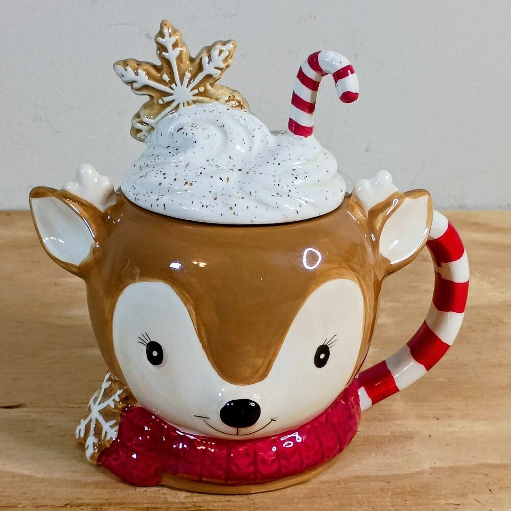 Vintage Christmas Collection 3D Reindeer Hot Cocoa Chocolate Mug Candy Cane Lid